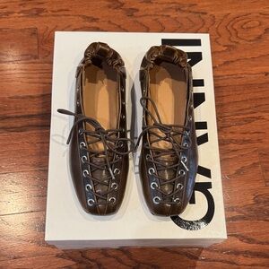 Ganni Lace-Up Ballerinas in Dark-Olive Oleatex